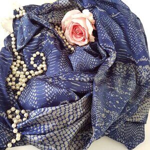 Vintage Blue Silk Scarf, MOSI Silk Shoulder Wrap Shawl